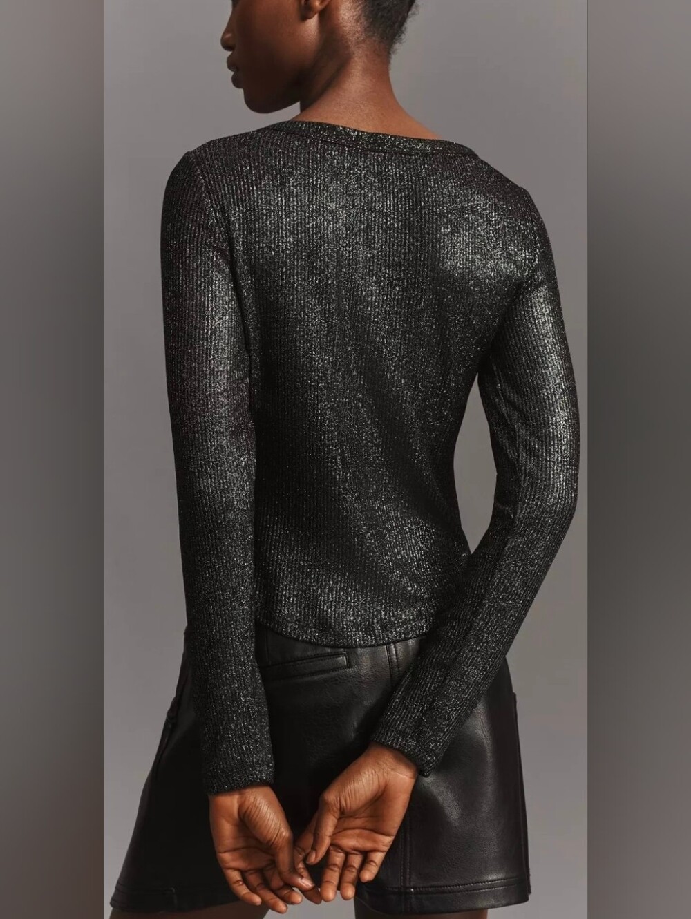 Anthropologie Black Metallic Long-Sleeve Henley Top - Picture 3 of 5